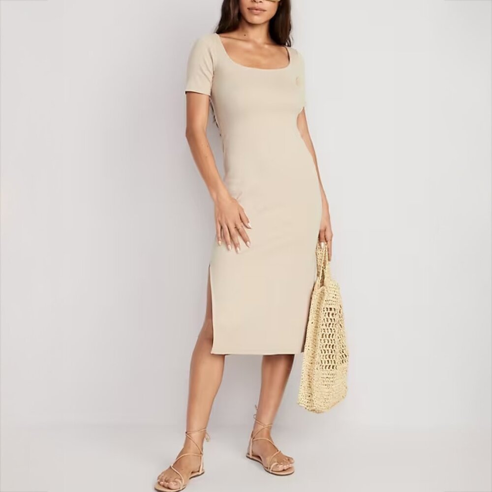 old navy // desert beige fitted rib knit scoop neck midi dress 2x